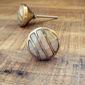 Geometric Design Mother of Pearl Drawer Pull | Shell & Brass Cabinet Door Knob