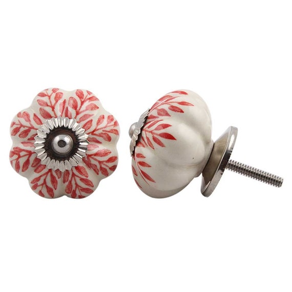 White Star Shaped Cupboard Door Knob With Hand Painted Red Leaf