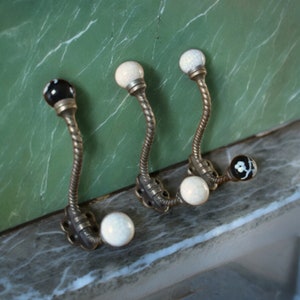 Antique Bronze & Ceramic Knob Coat Hooks | Vintage Bronze Metal Twist Hooks with Black, White, Cream Porcelain Balls