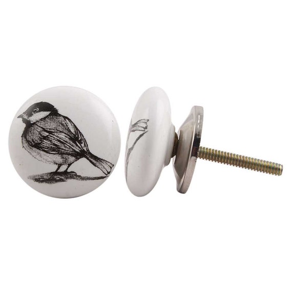 Round Black and White Bird Cabinet Knob Small Tit Printed Drawer Pull  Drawer Handle Door Handle 