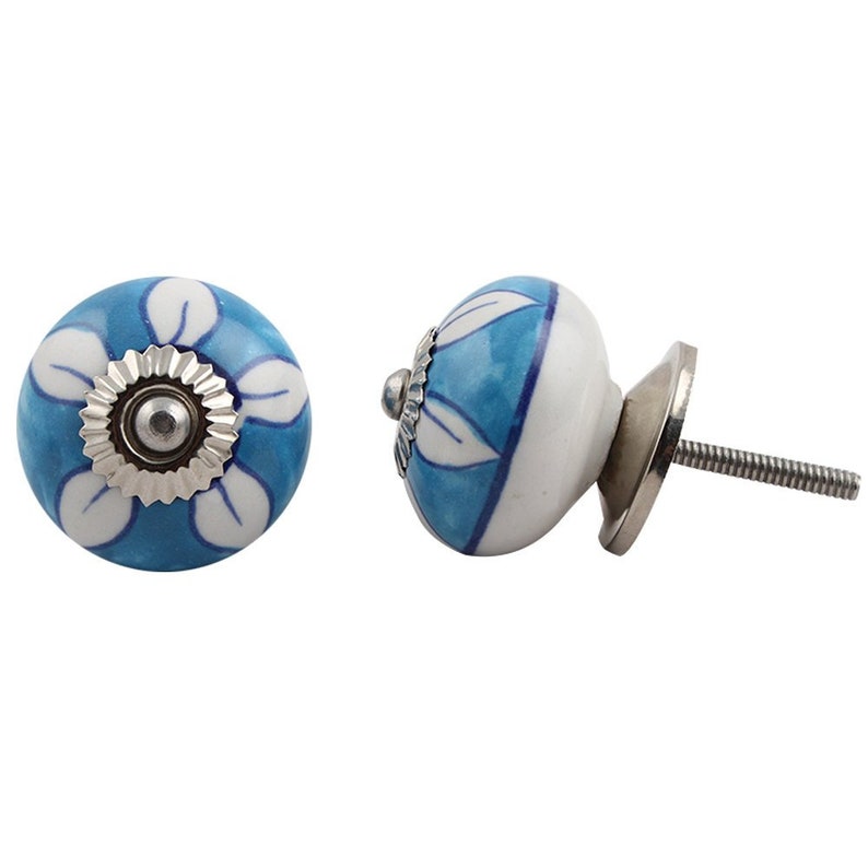 Round White & Light Blue Knob With Hand Painted White Etsy