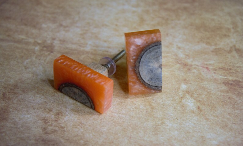 Knotted Wood & Coloured Acrylic Cabinet Door Knob Wood and Resin Contemporary Cupboard Handle Orange Rectangle