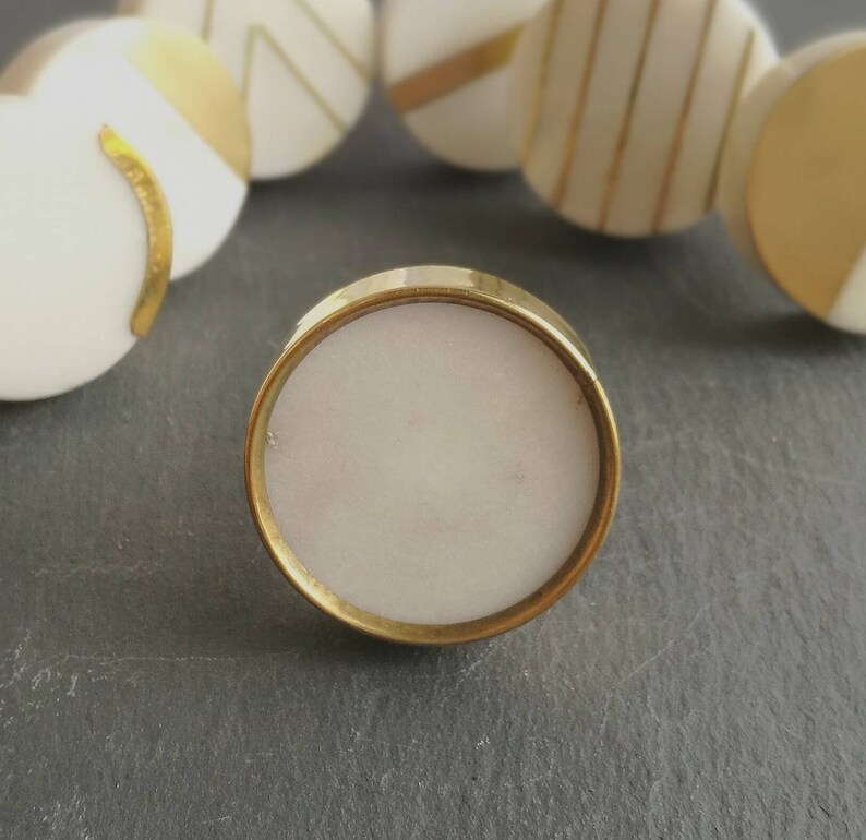 Solid Marble and Brass Cupboard Door Handle Circular White Marble and Gold Brass Drawer Pull image 6