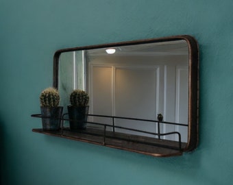 Distressed Copper Finish Mirror With Shelf | Industrial Metal Wall Mirror