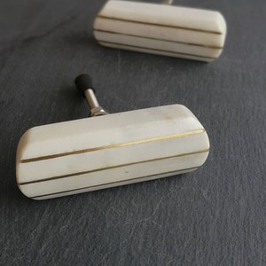 Marble and Brass Geometric Cupboard Door Handle | Oval White Stone and Gold Brass Drawer Pull