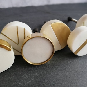 Solid Marble and Brass Cupboard Door Handle | Circular White Marble and Gold Brass Drawer Pull