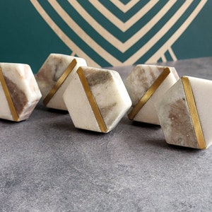 Gold, White & Grey Geometric Stone Door Knob | Marbled Stone and Brass Hexagonal Cupboard Door Handle, Drawer Pull