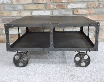 Industrial Square Coffee Table | Storage Bottom Shelf | Distressed Metallic Style | Table with Wheels