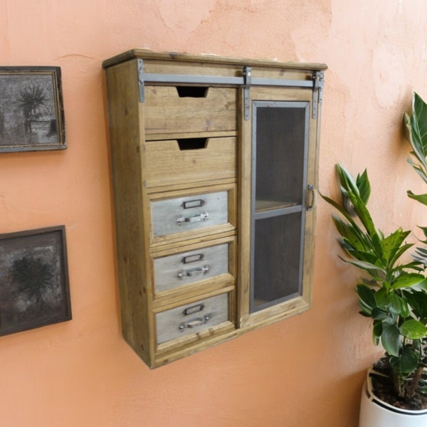 Vintage-Style Floating Wall Shelf | 5 Spacious Drawers | Sliding Barn Door Side Cabinet | Wall-mountable | 3 Label Holders | Worn-out look