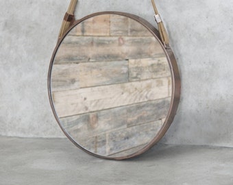 Distressed Bronze Metal Circular Mirror | Rustic Wall Mounted Rope Hung Round Mirror