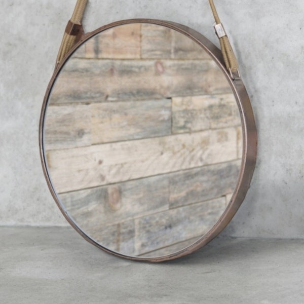 Distressed Bronze Metal Circular Mirror | Rustic Wall Mounted Rope Hung Round Mirror