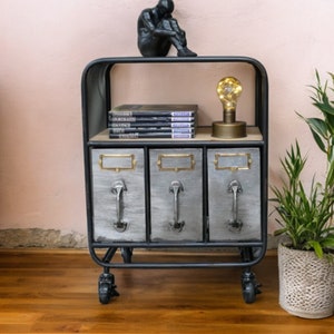 Industrial Steel Bedside Cabinet | Distressed Metal End Table | Multi Draw Side Table