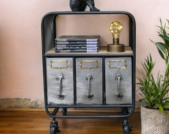 Industrial Steel Bedside Cabinet | Distressed Metal End Table | Multi Draw Side Table