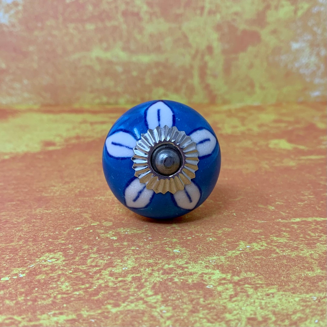 Round White & Light Blue Knob With Hand Painted White Etsy