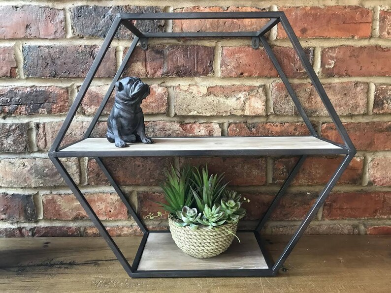 Geometric Industrial Metal & Wood Shelving Unit Hexagonal Etsy