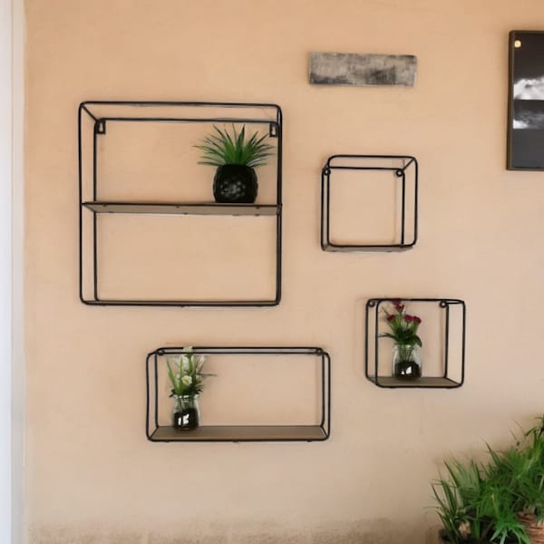 Set of 4 Industrial Metal & Wood Box Shelves | Floating Wall Mounted Shelving Units