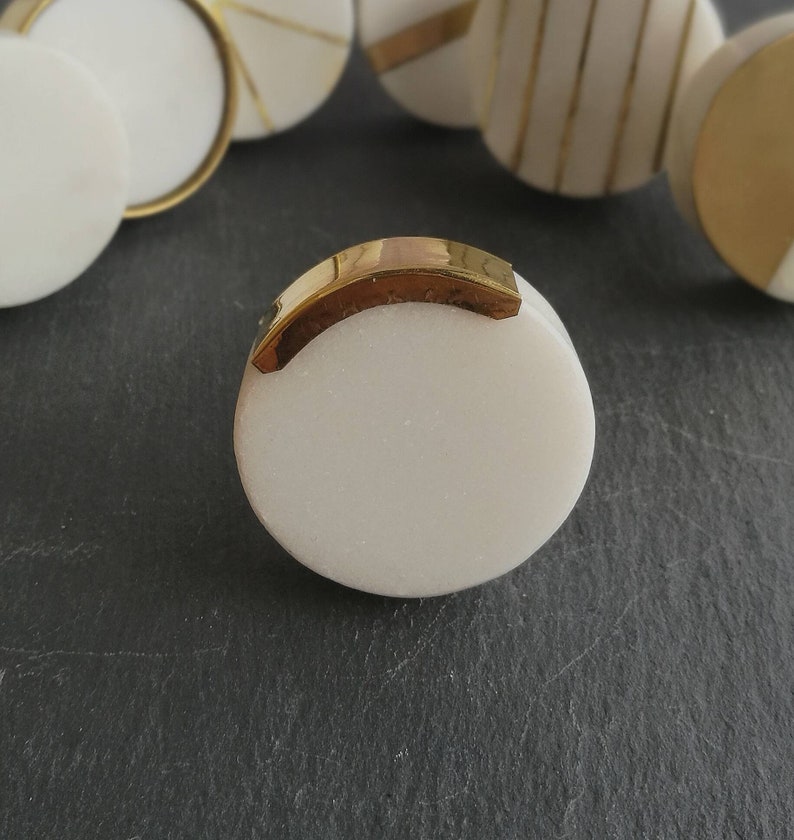 Solid Marble and Brass Cupboard Door Handle Circular White Marble and Gold Brass Drawer Pull Brass Edge