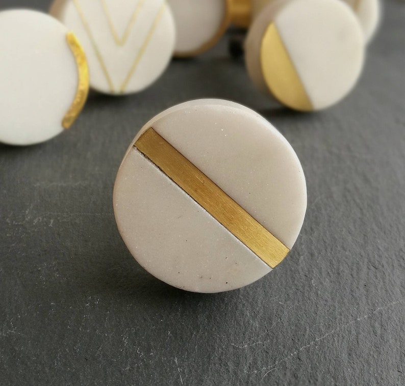 Solid Marble and Brass Cupboard Door Handle Circular White Marble and Gold Brass Drawer Pull image 7