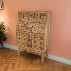 Apothecary-Style Printers Cabinet | Multi Compartment Display Case | Natural Wood Finish