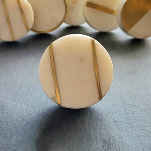 Solid Marble and Brass Cupboard Door Handle Circular White Marble and Gold Brass Drawer Pull Double Line