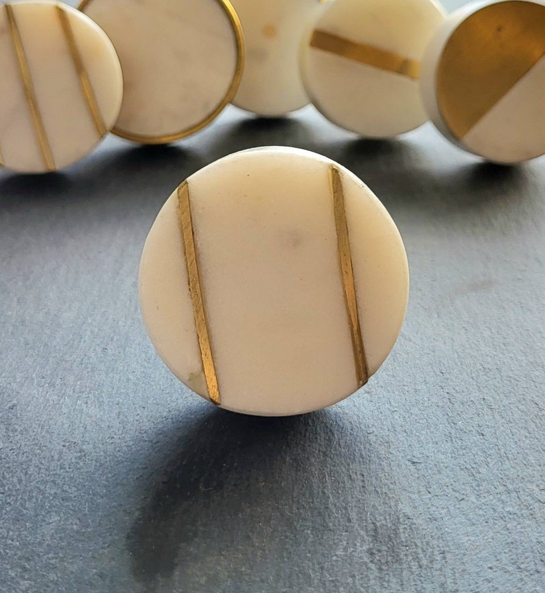 Solid Marble and Brass Cupboard Door Handle Circular White Marble and Gold Brass Drawer Pull image 10