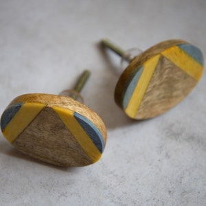 Geometric Oval Striped Wooden Knob With Yellow and Blue Stripes | Geo Cupboard Door Handle, Drawer Pull