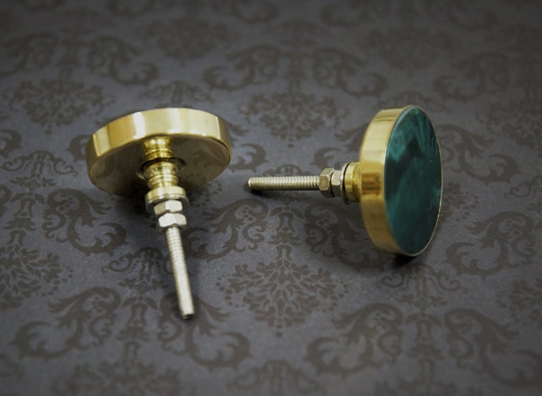 Gold and Dark Green Circular Cupboard Door Handle Deep Green Resin & Brass Door Knob, Drawer ...