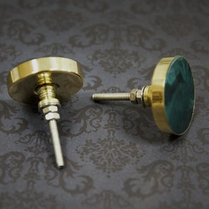 Gold and Dark Green Circular Cupboard Door Handle | Deep Green Resin & Brass Door Knob, Drawer Pull