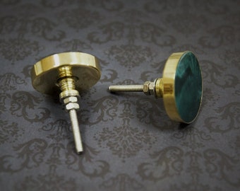 Gold and Dark Green Circular Cupboard Door Handle | Deep Green Resin & Brass Door Knob, Drawer Pull