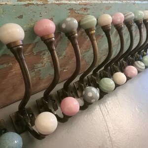 Antique Bronze & Ceramic Knob Coat Hooks | Shabby Chic Bronze Metal Hooks with Pink, Green, Grey and Cream Porcelain Balls