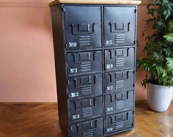 Distressed Metal Locker Style Industrial Cabinet | Multi Draw Cabinet | Wooden Top | Rustic Finish