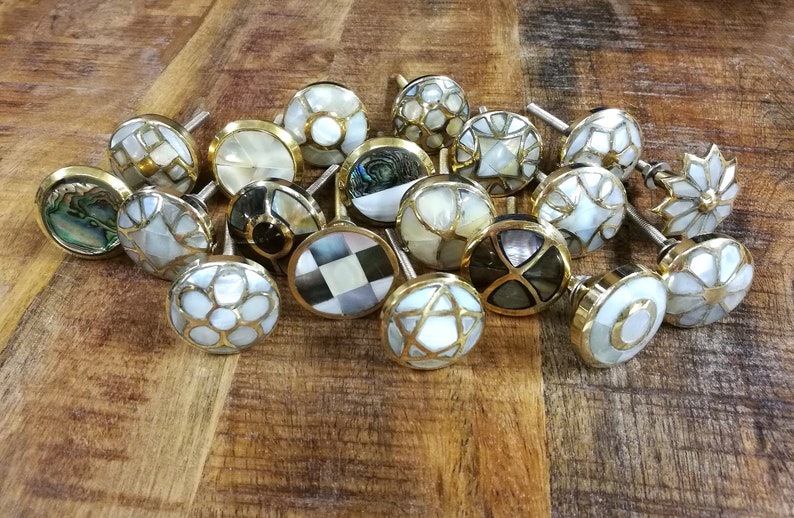 Mother of Pearl & Brass Eastern Inspired Cupboard Handle Gold and Ivory Cabinet Door Knob, Drawer Pull image 3