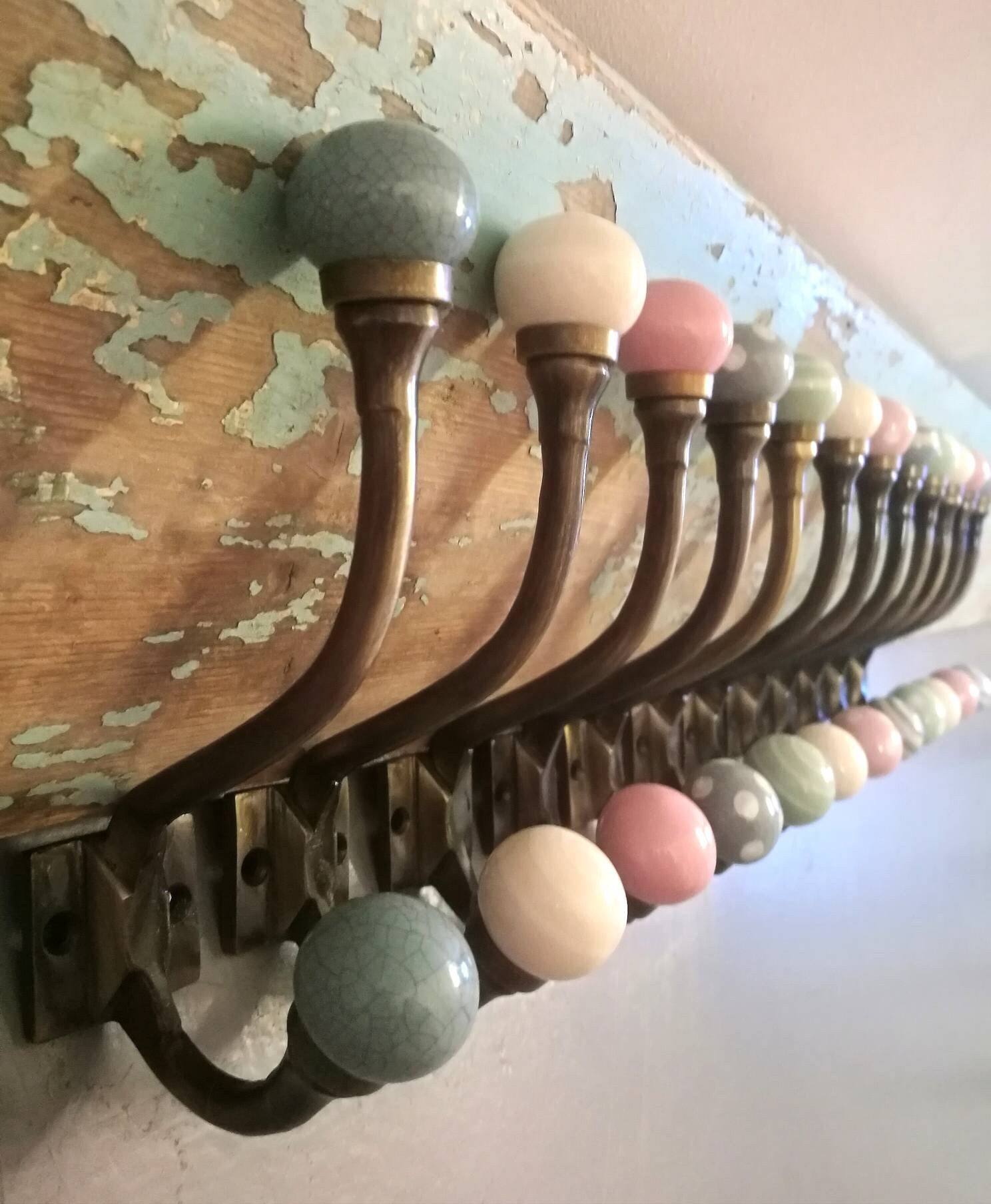 Antique Bronze & Ceramic Knob Coat Hooks Shabby Chic Bronze Etsy