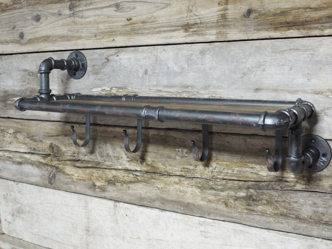 Industrial Steel Pipe Coat Rack Shelf Rustic Metal Storage Shelving