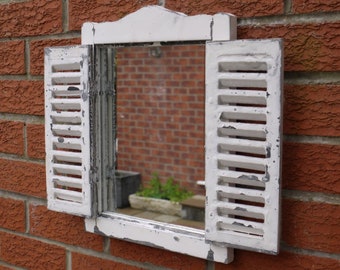 Country Style Rustic Window Mirror with Shutters | Distressed White Finish | Vintage Style