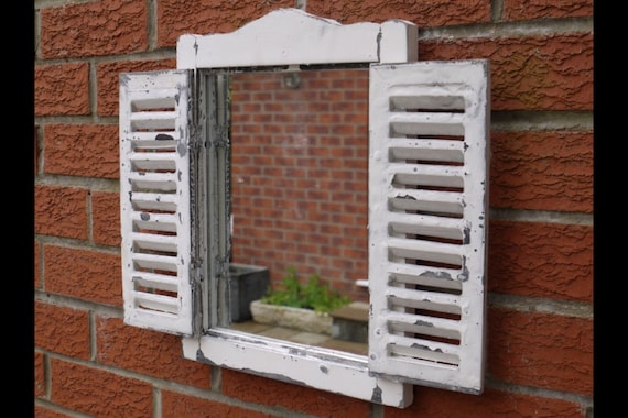 Country Style Rustic Window Mirror With Shutters Distressed Country Style Rustic Window Mirror With