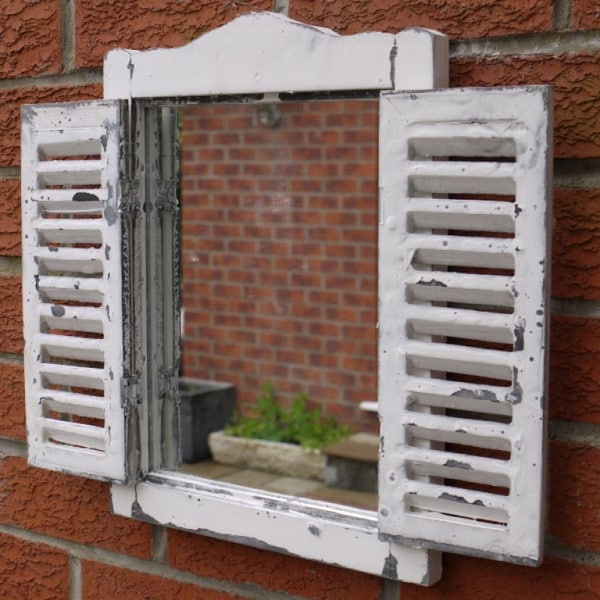 Country Style Rustic Window Mirror with Shutters | Distressed White Finish | Vintage Style