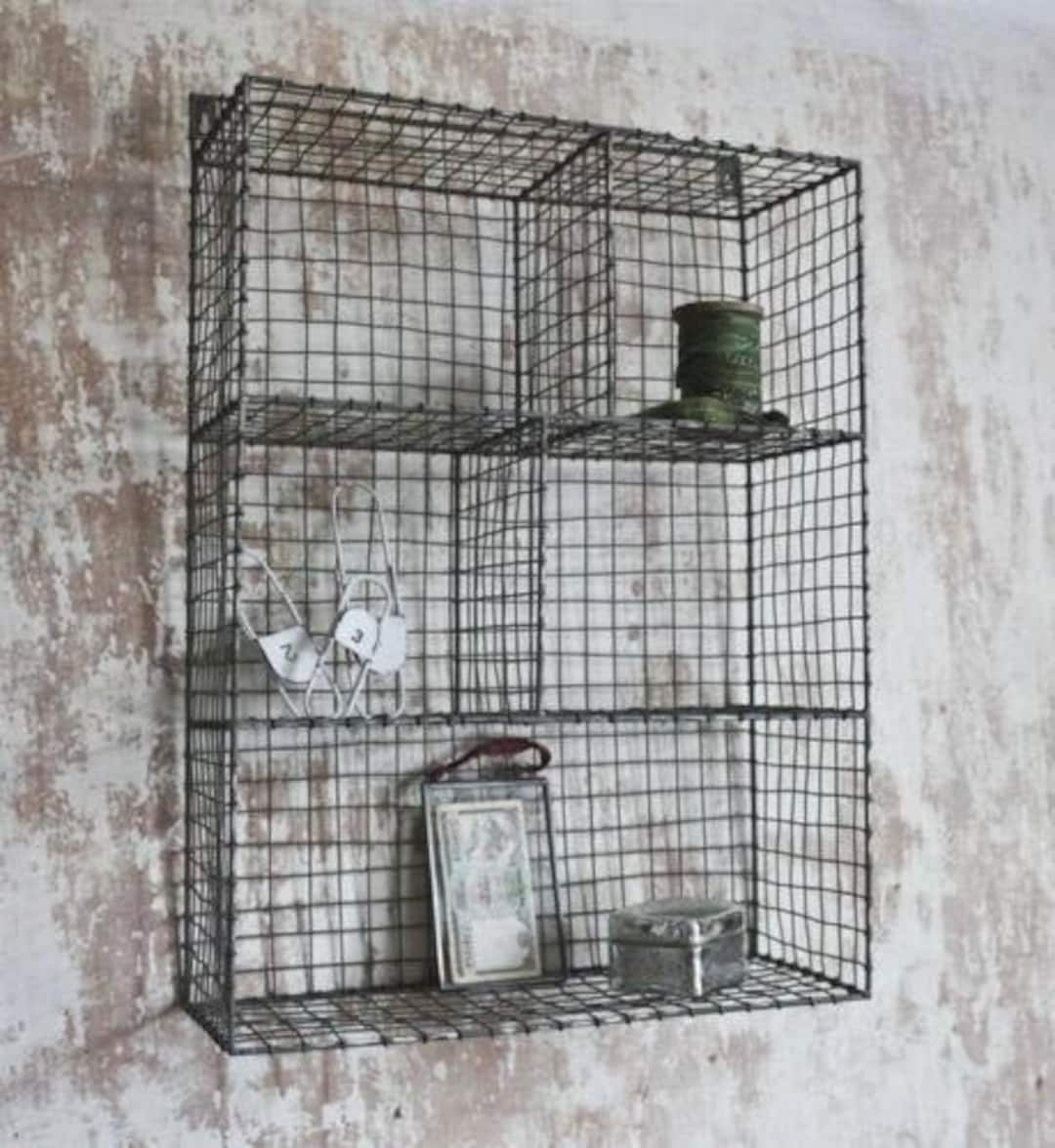 Gray Wood Vinyl Storage Organizer w/ Mesh Wire