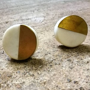 Marble and Brass Geometric Cupboard Door Handle | Circular White Stone and Gold Brass Drawer Pull