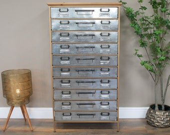 Tall Industrial Cabinet | 10 Draw Storage Chest | Distressed Metal & Pine Multi Draw Cabinet