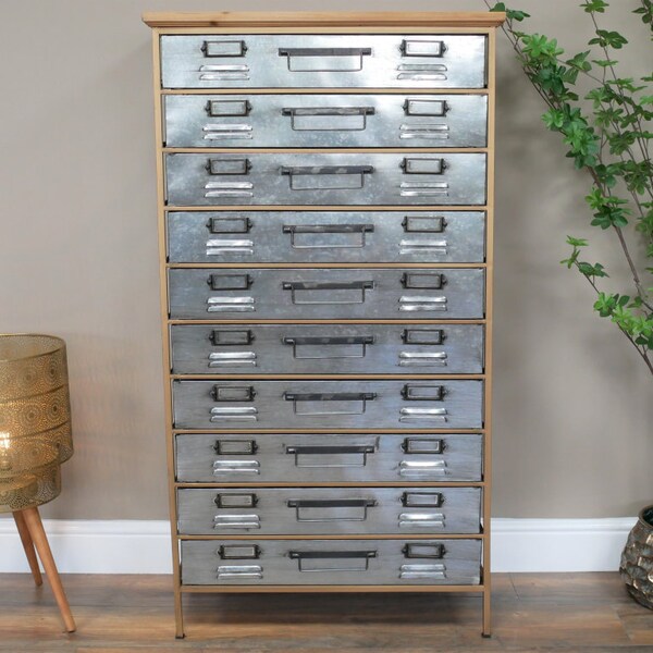 Tall Industrial Cabinet | 10 Draw Storage Chest | Distressed Metal & Pine Multi Draw Cabinet