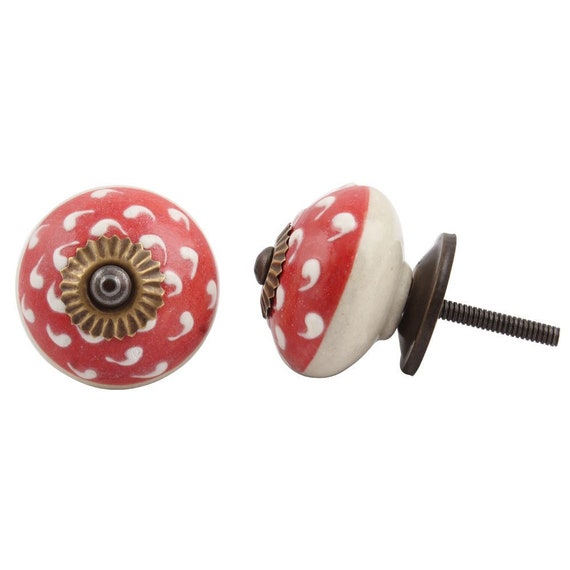 Unusual Round Red And White Cabinet Knob Drawer Pull Etsy