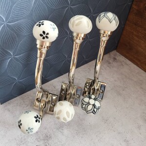 Silver & Ceramic Knob Coat Hooks | Chrome Plated Iron Hooks with Black, White, Cream Porcelain Balls