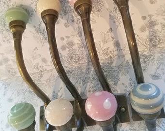 Antique Bronze & Ceramic Knob Coat Hooks | Shabby Chic Bronze Metal Hooks with Pink, Green, Grey and Cream Porcelain Balls