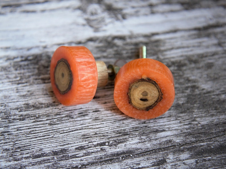 Knotted Wood & Coloured Acrylic Cabinet Door Knob Wood and Resin Contemporary Cupboard Handle Orange Circle