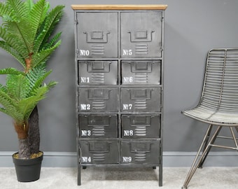 Distressed Metal Locker Style Industrial Cabinet | Multi Draw Cabinet | Wooden Top | Rustic Finish