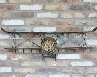 Biplane Floating Shelf Clock | Industrial Airplane Display Shelf | Rustic Style | Wall-Mounted Metal Clock