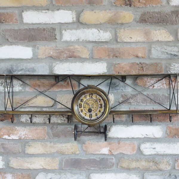 Biplane Floating Shelf Clock | Industrial Airplane Display Shelf | Rustic Style | Wall-Mounted Metal Clock