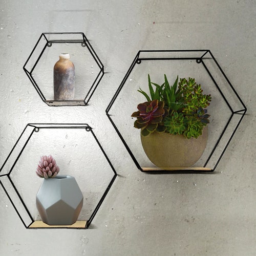 Set of 3 Geometric Industrial Shelves Hexagonal Metal and Etsy