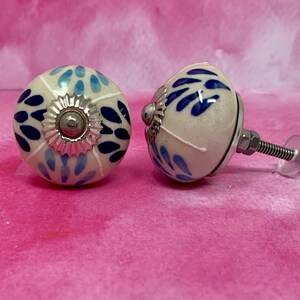 Round White Cabinet Knob With Hand Painted Blue Abstract Flower Decoration | Drawer Pull | Drawer Handle | Cabinet Knob